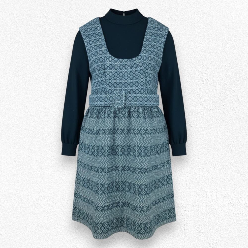 Vintage 70s Green White Tweed Jumper Turtleneck Belted Cottage Dress Size Small